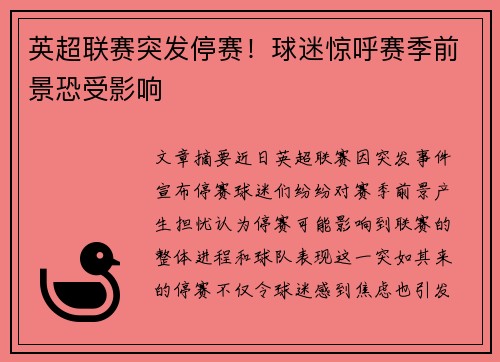 英超联赛突发停赛!球迷惊呼赛季前景恐受影响 英超联赛突发停赛!球迷惊呼赛季前景恐受影响